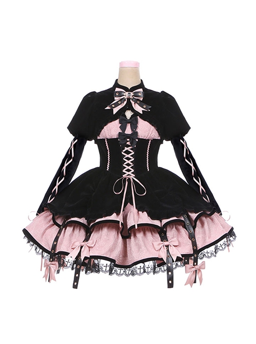 Landmine Girl Y2K Black Pink Girded Slim Gothic Lolita Cross Lace Ruffles Sweet Cool Sleeveless Dress Coat Set