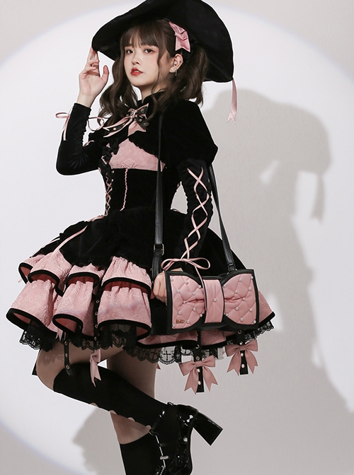 Landmine Girl Y2K Black Pink Girded Slim Gothic Lolita Cross Lace Ruffles Sweet Cool Sleeveless Dress Coat Set