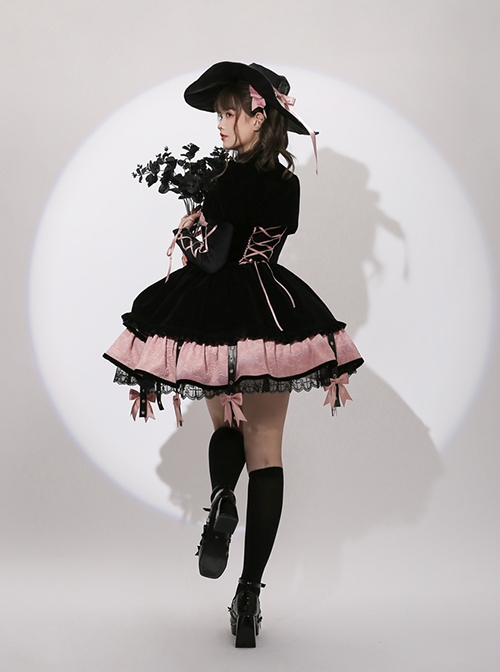 Landmine Girl Y2K Black Pink Girded Slim Gothic Lolita Cross Lace Ruffles Sweet Cool Sleeveless Dress Coat Set