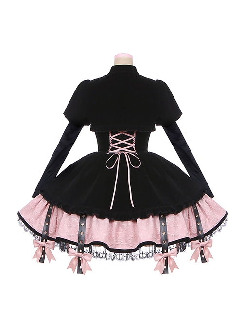 Landmine Girl Y2K Black Pink Girded Slim Gothic Lolita Cross Lace Ruffles Sweet Cool Sleeveless Dress Coat Set