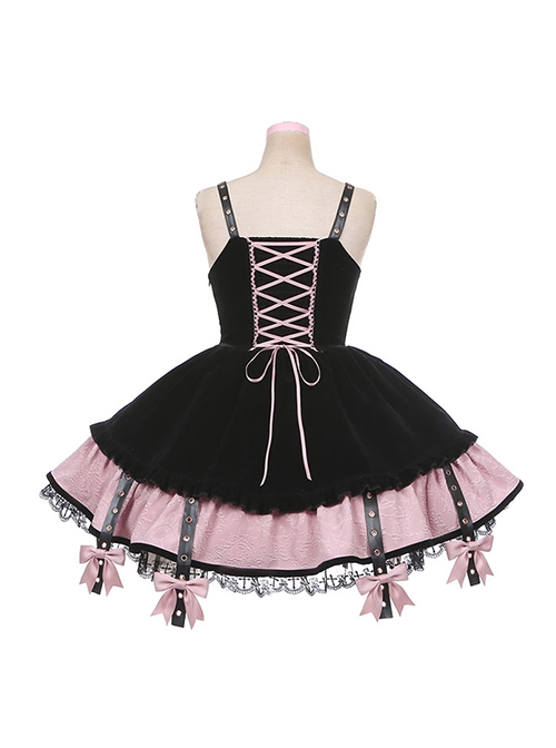 Landmine Girl Y2K Black Pink Girded Slim Gothic Lolita Cross Lace Ruffles Sweet Cool Sleeveless Dress Coat Set