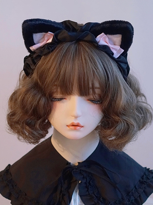 Cute Soft Girl Black Pink Sweet Lolita Handmade Plush Cat Ear Ruffles Bowknot Headband