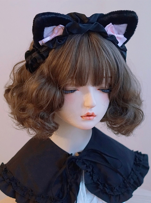 Cute Soft Girl Black Pink Sweet Lolita Handmade Plush Cat Ear Ruffles Bowknot Headband