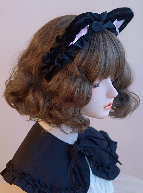 Cute Soft Girl Black Pink Sweet Lolita Handmade Plush Cat Ear Ruffles Bowknot Headband