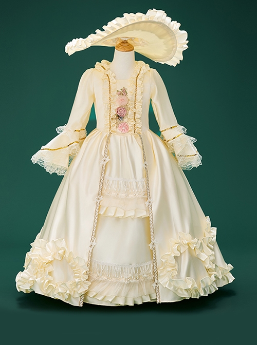 Creamy Yellow Noble Lady Retro Palace Gorgeous Garden Tea Party Classic Lolita Long Sleeves Child Hat Dress