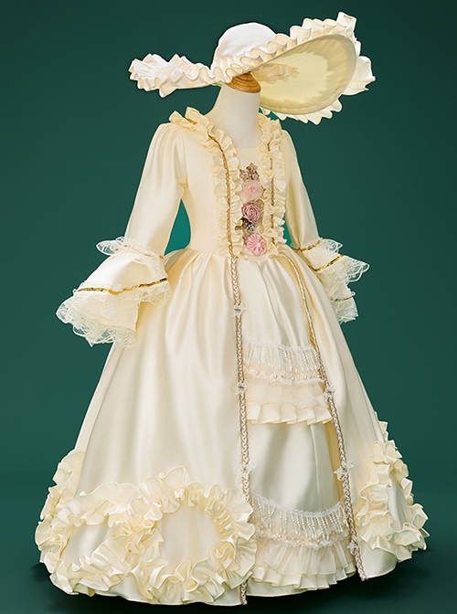 Creamy Yellow Noble Lady Retro Palace Gorgeous Garden Tea Party Classic Lolita Long Sleeves Child Hat Dress