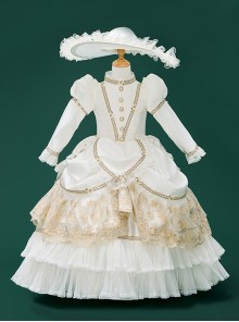 White Noble Lady Sun Hat Retro Royal Gorgeous Show Costumes Rose Lace Baroque Classic Lolita Long Sleeves Child Dress