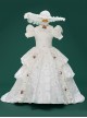 Elegant White Medieval Court Lady Costumes Classic Lolita Puff Sleeves Child Noble Lace Hat Cake Dress