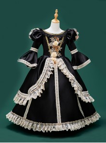 Black Retro Elegant 3D Rose Medieval Court Lady Costumes Classic Lolita Round Neckline Puff Sleeves Child Long Dress