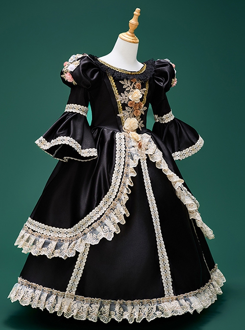 Black Retro Elegant 3D Rose Medieval Court Lady Costumes Classic Lolita Round Neckline Puff Sleeves Child Long Dress