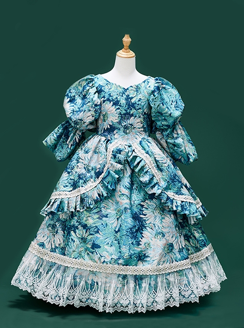 Retro Gorgeous Blue Oil Painting Print Medieval Court Lady Ruffles Costumes Classic Lolita Puff Sleeves Child Dress