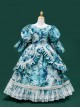 Retro Gorgeous Blue Oil Painting Print Medieval Court Lady Ruffles Costumes Classic Lolita Puff Sleeves Child Dress