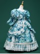 Retro Gorgeous Blue Oil Painting Print Medieval Court Lady Ruffles Costumes Classic Lolita Puff Sleeves Child Dress