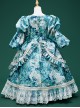 Retro Gorgeous Blue Oil Painting Print Medieval Court Lady Ruffles Costumes Classic Lolita Puff Sleeves Child Dress