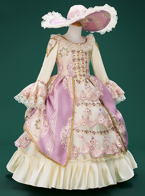 Cute Pink Gorgeous Medieval Court Costumes Classic Lolita Floral Pattern Lace Sun Hat Long Ruffles Sleeves Child Dress