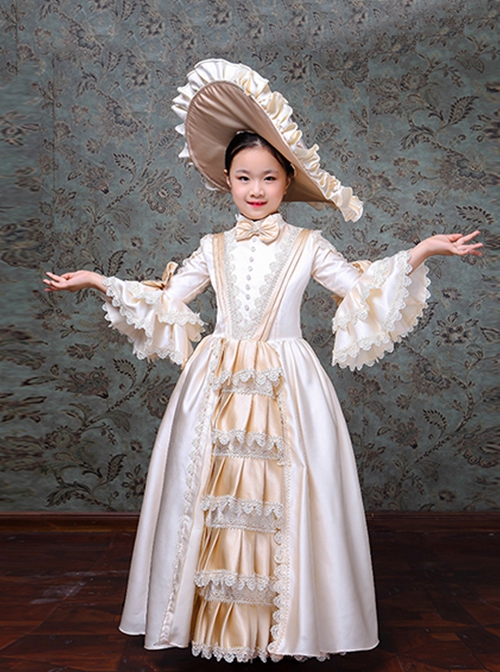 Champagne Golden Satin Royal Court Senhora Elegant Classic Lolita Lace Long Ruffles Sleeves Bowknot Child Dress