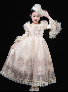 Off White Mesh Yarn Royal Court Senhora Elegant Bowknot Lace Hat Classic Lolita Ruffles Puff Sleeves Child Dress