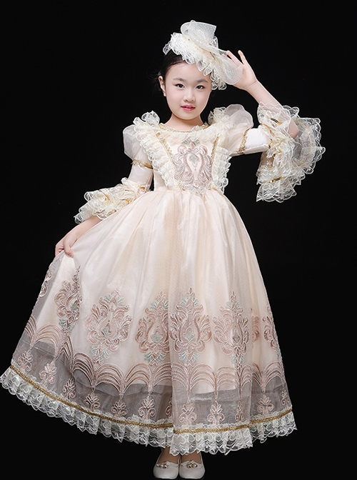 Off White Mesh Yarn Royal Court Senhora Elegant Bowknot Lace Hat Classic Lolita Ruffles Puff Sleeves Child Dress