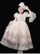 Off White Mesh Yarn Royal Court Senhora Elegant Bowknot Lace Hat Classic Lolita Ruffles Puff Sleeves Child Dress