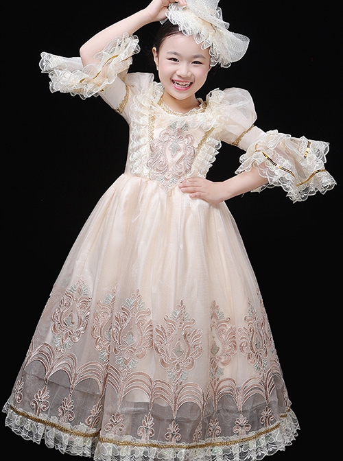 Off White Mesh Yarn Royal Court Senhora Elegant Bowknot Lace Hat Classic Lolita Ruffles Puff Sleeves Child Dress