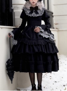 Chapter Of The Night Series Retro Black Doll Collar Bowknot Multi Layer Ruffles Gothic Lolita Dress Underskirt Set