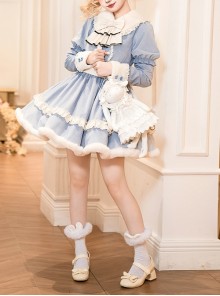 Rabbit And Alice Series Fall Winter Sweet Lolita Ruffles Doll Collar Puff Long Sleeves Belt Fur Edges Dress