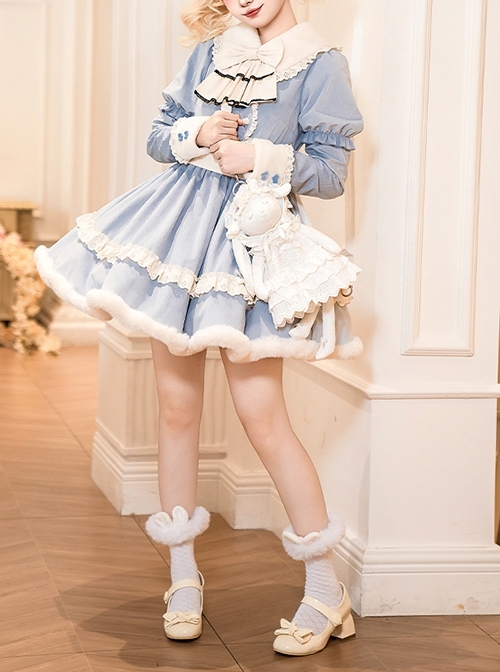 Rabbit And Alice Series Fall Winter Sweet Lolita Ruffles Doll Collar Puff Long Sleeves Belt Fur Edges Dress