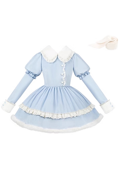 Rabbit And Alice Series Fall Winter Sweet Lolita Ruffles Doll Collar Puff Long Sleeves Belt Fur Edges Dress