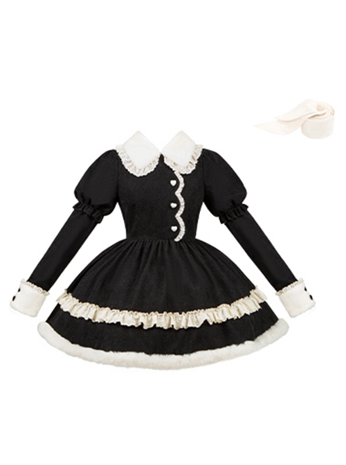 Rabbit And Alice Series Fall Winter Sweet Lolita Ruffles Doll Collar Puff Long Sleeves Belt Fur Edges Dress