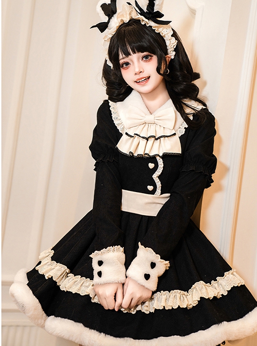 Rabbit And Alice Series Fall Winter Sweet Lolita Ruffles Doll Collar Puff Long Sleeves Belt Fur Edges Dress