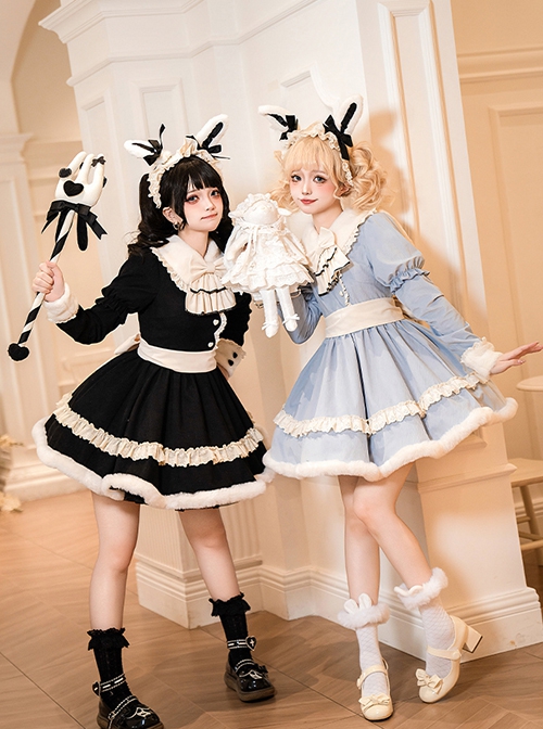 Rabbit And Alice Series Fall Winter Sweet Lolita Ruffles Doll Collar Puff Long Sleeves Belt Fur Edges Dress