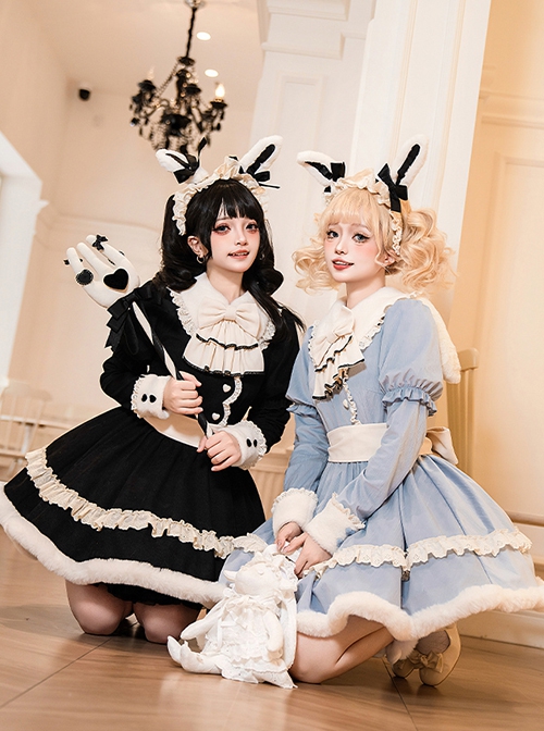 Rabbit And Alice Series Fall Winter Sweet Lolita Ruffles Doll Collar Puff Long Sleeves Belt Fur Edges Dress