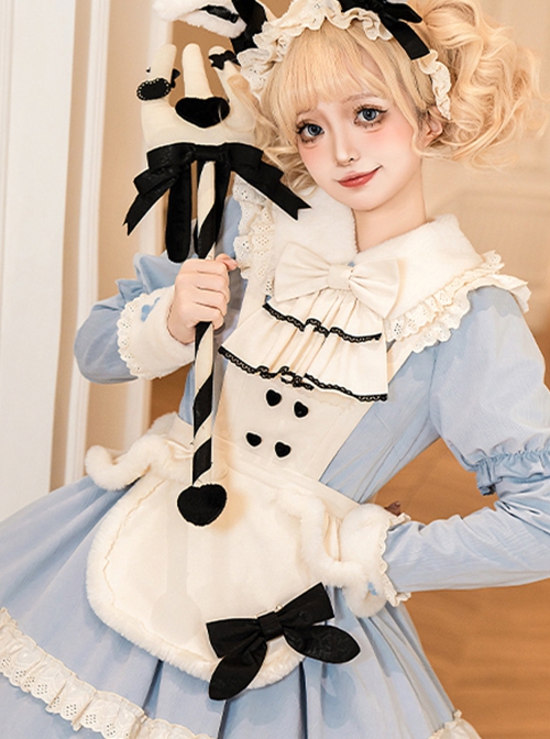 Rabbit And Alice Series Fall Winter Sweet Lolita Versatile Bowknot White Plush Apron Saliva Towel Set