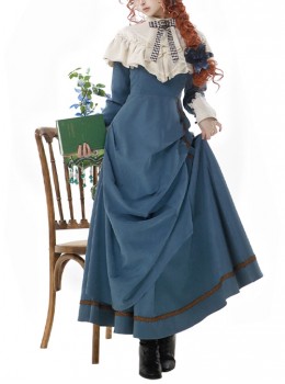 Silent Forest Series Elegant Retro Pictorial Blue Classic Lolita Bowknot Lace Shawl Layered Hem Long Dress