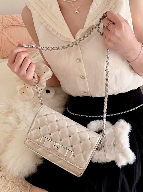 Love Heartbeat Series Sweet Rhinestone Bowknot Elegant Classic Lolita Crossbody Lozenge Chain Bag