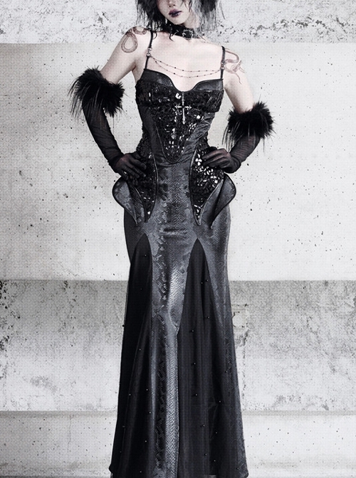 Shadow Of Snake Eyes Series Gorgeous Bright Black Snakeskin Slim Gothic Punk Cross Suspender Fishtail Dress