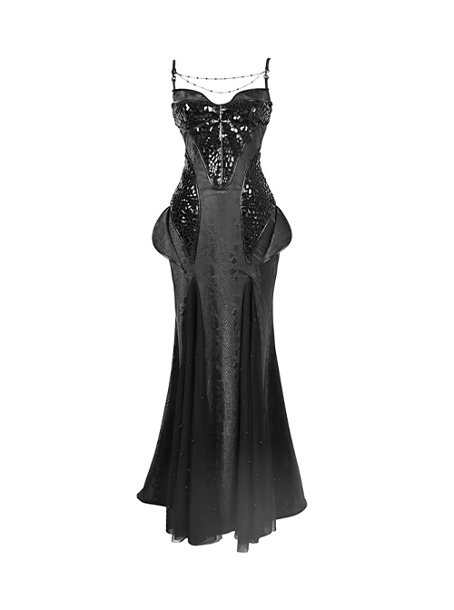 Shadow Of Snake Eyes Series Gorgeous Bright Black Snakeskin Slim Gothic Punk Cross Suspender Fishtail Dress