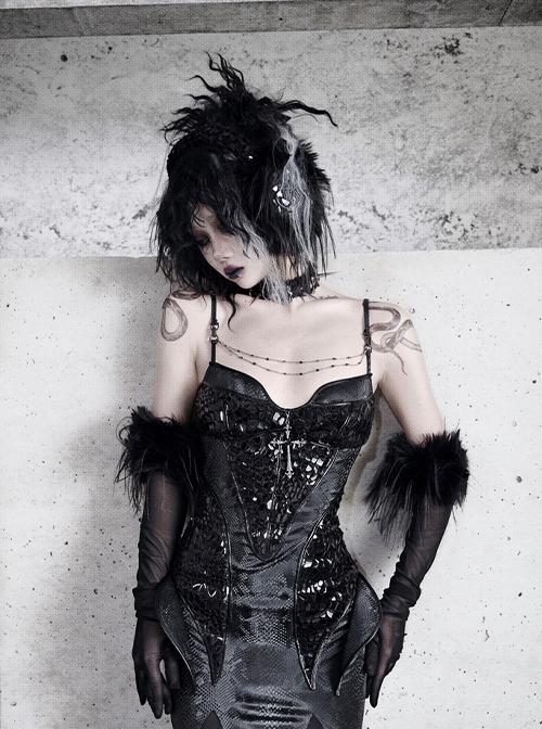 Shadow Of Snake Eyes Series Gorgeous Bright Black Snakeskin Slim Gothic Punk Cross Suspender Fishtail Dress