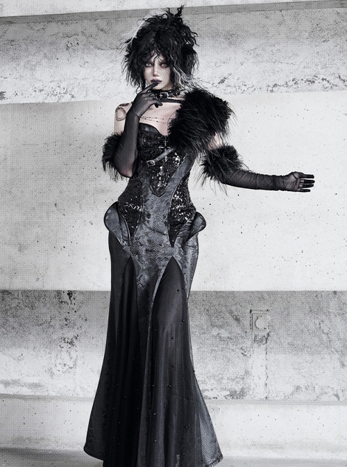 Shadow Of Snake Eyes Series Gorgeous Bright Black Snakeskin Slim Gothic Punk Cross Suspender Fishtail Dress