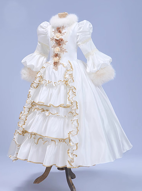 European Retro Elegant Princess Ruffles Fur Collar 3D Rose Children Classic Lolita Puff Evening Dress