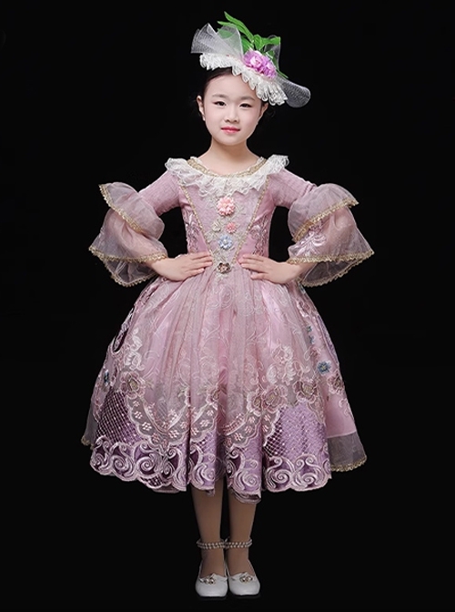 European Retro Elegant Cute Pink Princess Ruffles Lace Collar Children Girl Sweet Lolita Puff Sleeves Mesh Yarn Dress Hat Set