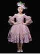 European Retro Elegant Cute Pink Princess Ruffles Lace Collar Children Girl Sweet Lolita Puff Sleeves Mesh Yarn Dress Hat Set