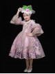 European Retro Elegant Cute Pink Princess Ruffles Lace Collar Children Girl Sweet Lolita Puff Sleeves Mesh Yarn Dress Hat Set