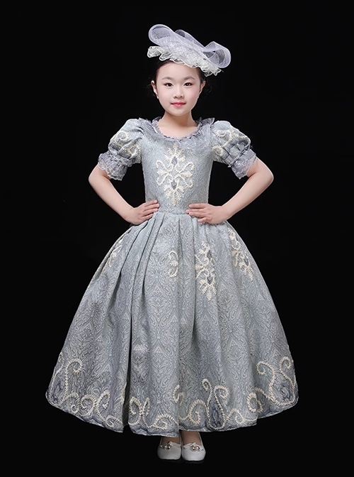 European Retro Elegant Lake Blue Princess Round Collar Child Girl Classic Lolita Puff Sleeves Long Dress Yarn Hat Set