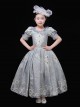 European Retro Elegant Lake Blue Princess Round Collar Child Girl Classic Lolita Puff Sleeves Long Dress Yarn Hat Set