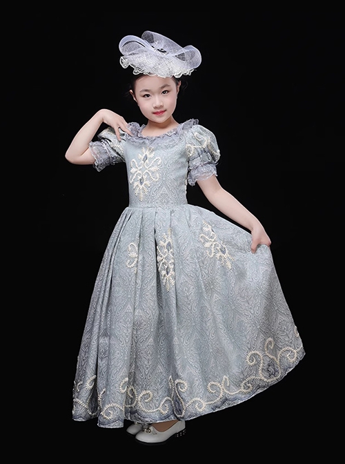 European Retro Elegant Lake Blue Princess Round Collar Child Girl Classic Lolita Puff Sleeves Long Dress Yarn Hat Set