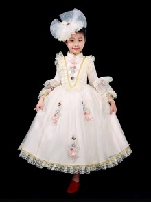 Apricot Retro Mesh Yarn Elegant Lady Flowers Child Classic Lolita Long Sleeves Long Dress Yarn Hat Set