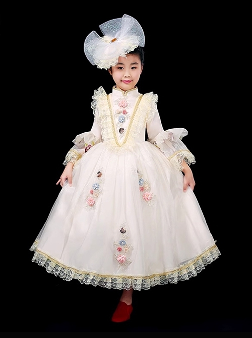 Apricot Retro Mesh Yarn Elegant Lady Flowers Child Classic Lolita Long Sleeves Long Dress Yarn Hat Set