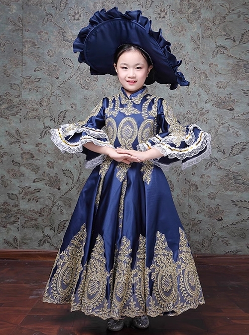 European Retro Stage Gorgeous Play Costumes Elegant Lady Child Classic Lolita Long Dress Big Ruffles Hat Set