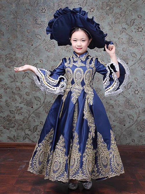 European Retro Stage Gorgeous Play Costumes Elegant Lady Child Classic Lolita Long Dress Big Ruffles Hat Set